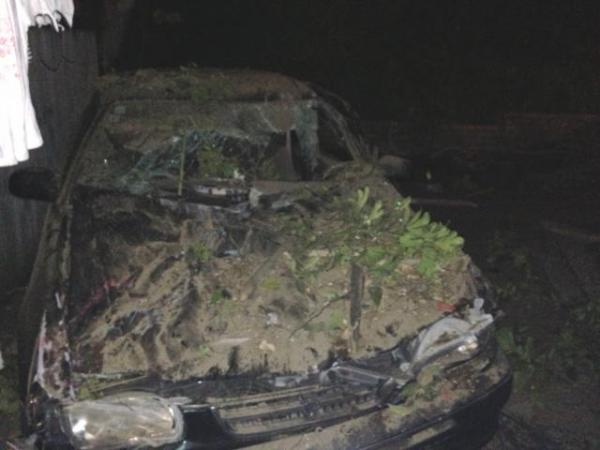 The innocent party's damaged car once the Falcon had been removed