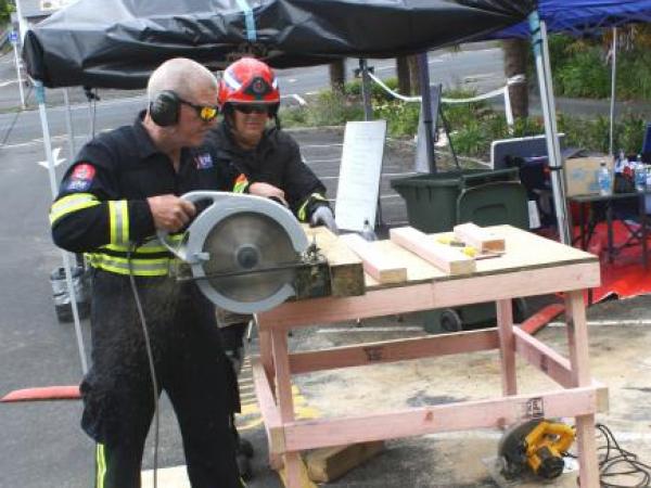 USAR team members cut shoring materials to help make the site safe