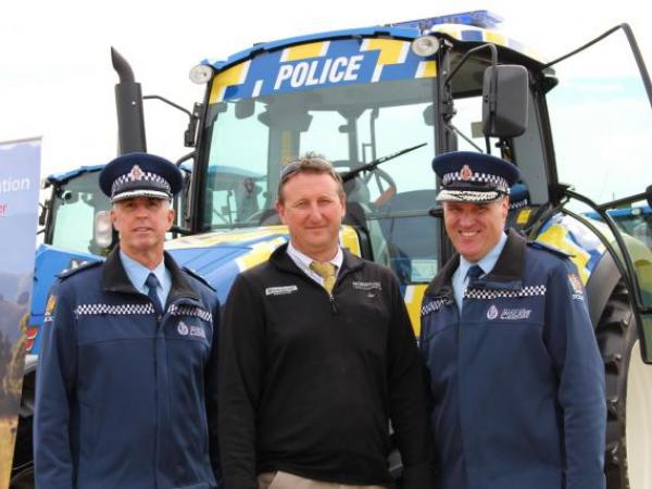 NZ Police prevention tractor with (L-R) Inspector Carpenter, Greg Moore and Superintendent Todd