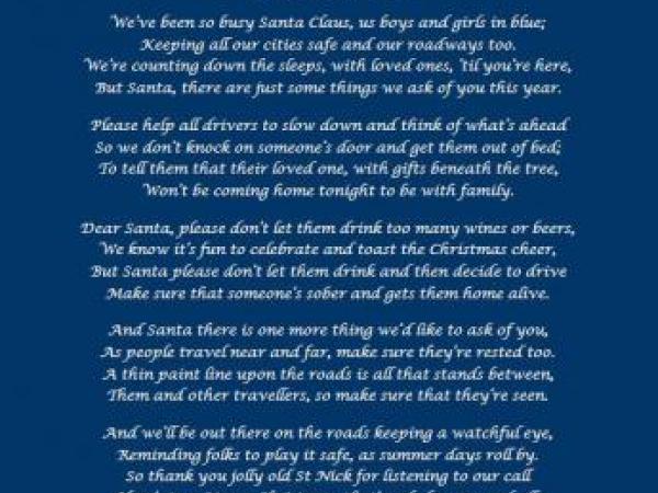 A letter to Santa from Wellington District Police