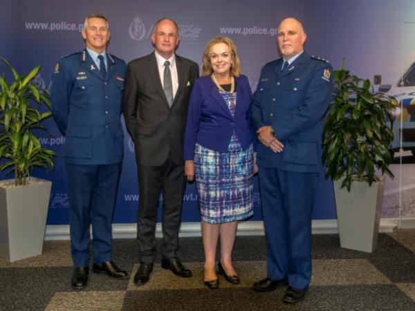 Minister of Police Judith Collins with Commissioner Mike Bush, Sen Const Errol Van de Ven and Inspector John Walker
