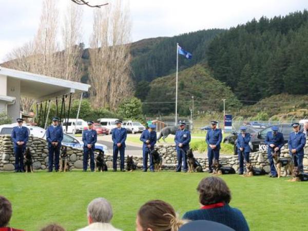 Patrol Dog competitors line up at the prizegiving ceremony before winners are announced. 
