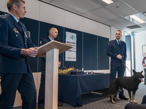 Northland District Commander Superintendent Tony Hill presents Constable Joshua Van Der Kwaak a commendation in 2019
