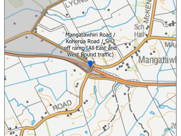 Mangatawhiri Road / Koheroa Road / SH2 off ramp (All East and West Bound traffic)