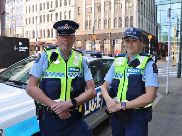 Constables Daniel Stone, in the forage cap, and Gertrud Kikajon in the new cap