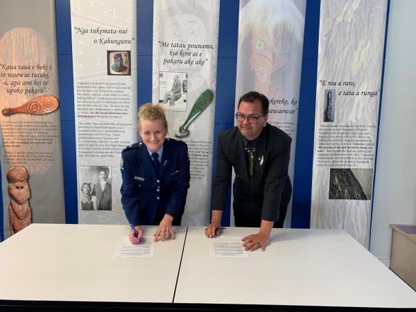 Funding contract signed by Eastern District Commander Supt. Jeanette Park and Wairoa Taiwhenua Chairman Nigel How