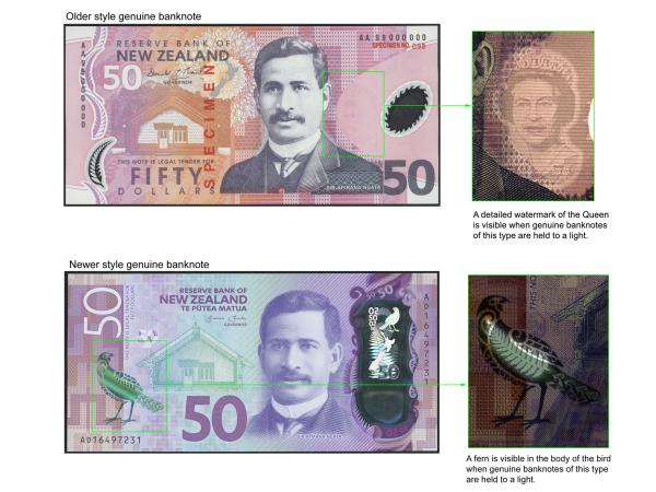 Security features on genuine banknotes.
