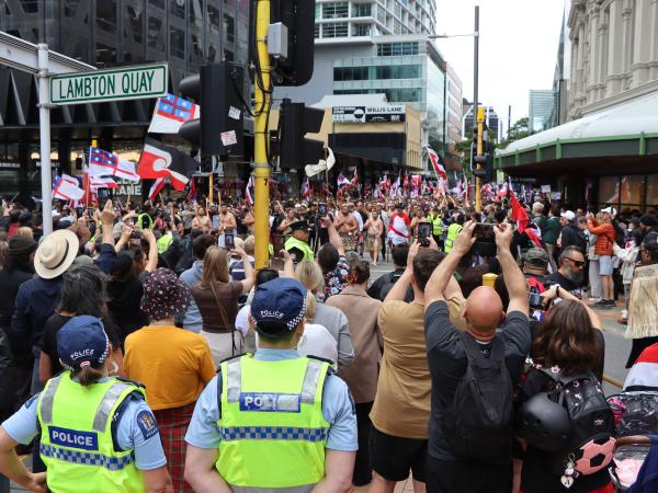 The hikoi at the corner of Willis Street and Lambton Quay