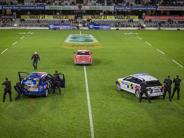 The Police demonstration on the pitch during half-time at the Highlanders’ recent match against Force.