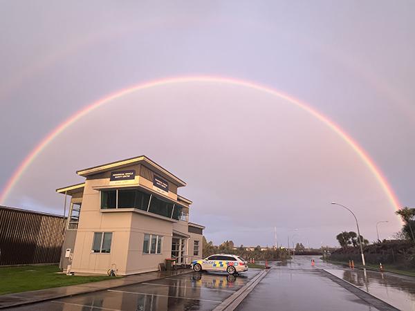 Double rainbow behind the old NZTA toll building into Tauranga.