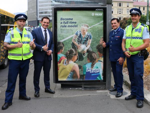 Frontline Wellington officers Sergeant Cam Browne and Constable Moses Gunn join Police Minister Stuart Nash and Assistant Commis