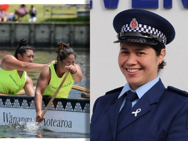 Constable Oriwia Taylor, indulging her passion for waka ama (front of waka) and on graduation day.