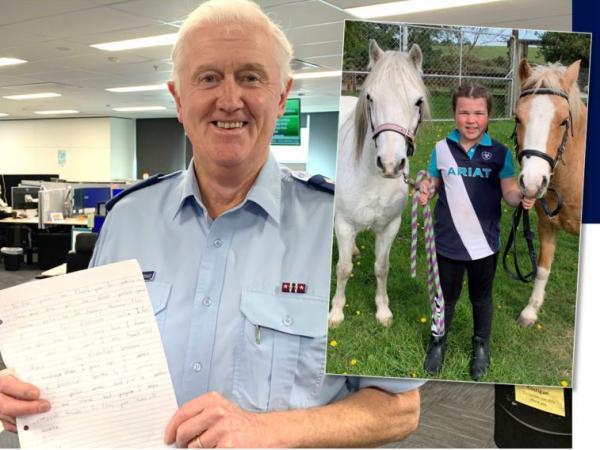 Inspector Kieren Kortegast with the letter and, inset, Sophia with her bubble buddies Sally and Barbie.