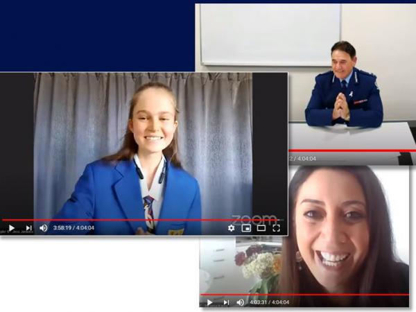 Virtually speaking - Zoom in action as, from top, Deputy Commissioner Wally Haumaha announces the results; Jess  Jenkins thanks 