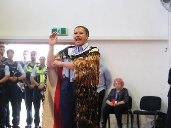 Constable Ainu Piutau calls her wingmates out for the haka.