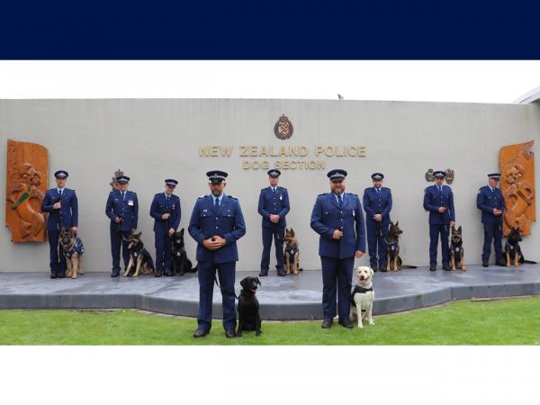 The nine new Police dog teams who are ready for action after graduating from the New Zealand Police Dog Training Centre.