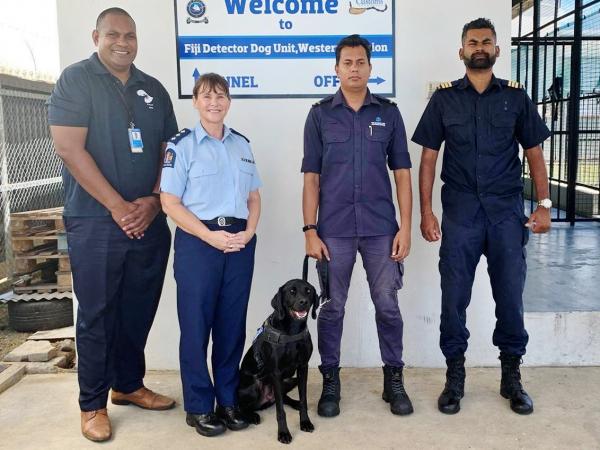 Inspector Sue Douglas, CO Faraaz Faizal Khan and Luey, with Corporal Mosese Fatiaki (left) and Principal Customs Officer Amit Ra