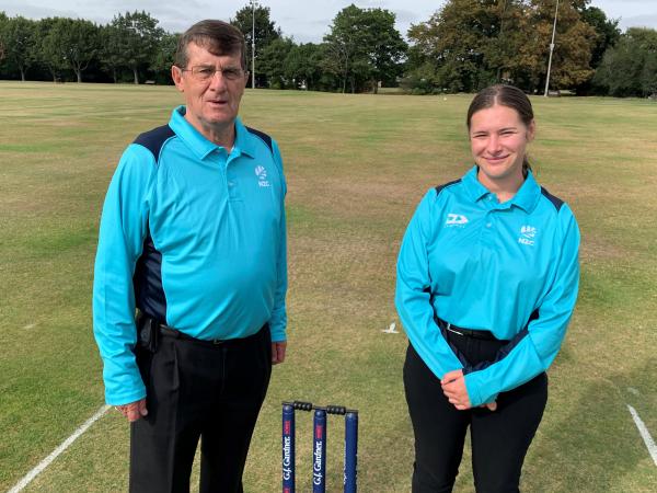 Retired police officer and international umpire Dave Quested and Mikayla Willis from North Canterbury Country Association Umpire