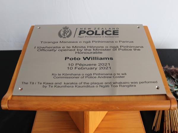 The plaque to mark the official opening of the new Porirua Police Hub. 