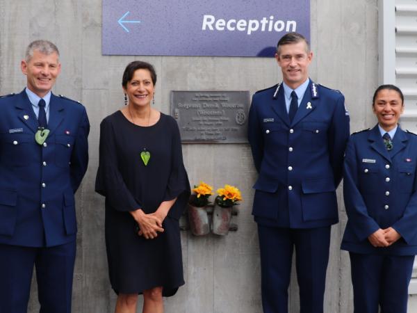 Wellington District Commander Superintendent Corrie Parnell, Police Minister Poto Williams, Commissioner Andrew Coster and Inspe