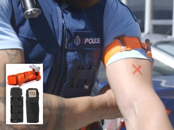 Tourniquet being used, with an inset of the tourniquet and pouch.
