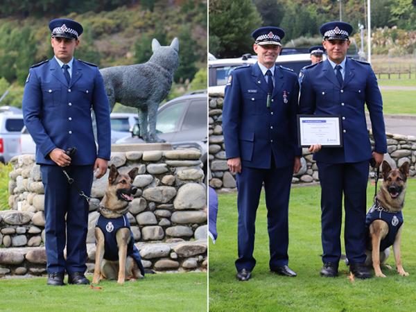 Constable Moses Gunn and Helo on parade, and with Superintendent Corrie Parnell, Wellington District Commander.