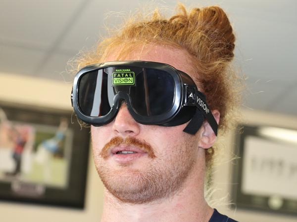 Lock Tom Robinson tries out the cannabis goggles.