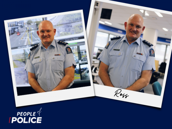 People of Police logo and two overlapping colour photos of Ross, all on a dark blue background.