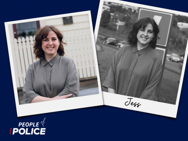 People of Police logo and two overlapping colour photos of Jess, all on a dark blue background.