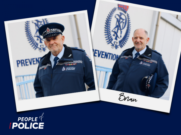 People of Police logo and two overlapping colour photos of Brian, all on a dark blue background.
