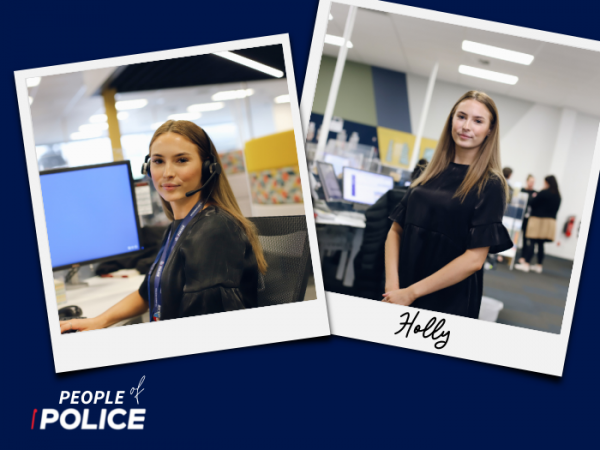 People of Police logo and two overlapping colour photos of Holly, all on a dark blue background.