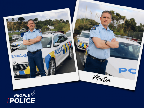 People of Police logo and two overlapping colour photos of Martin, all on a dark blue background.