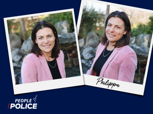 People of Police logo and two overlapping colour photos of Philippa, all on a dark blue background.