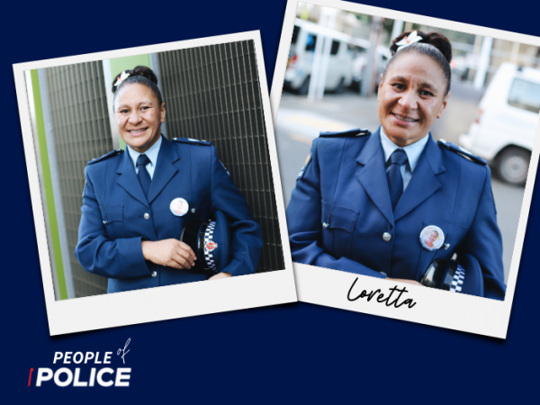 People of Police logo and photo of Loretta smiling at the camera, both on a dark blue background