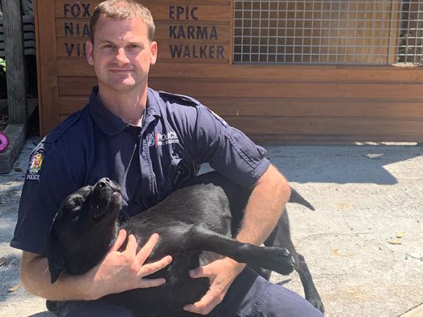 Detector dog Nia playing in the arms of her handler, Senior Constable Andrew (Junior) Douglas.