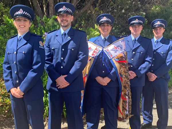 The Wing 349 award winners, from left, Constables Jenna Stuart, Brad Parrish, Jess Courtney, Ben Coldwell and Mike Robertson.
