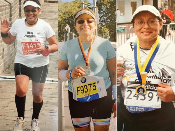 Photos of Beryl in action during marathons in, from left,  Berlin and Boston