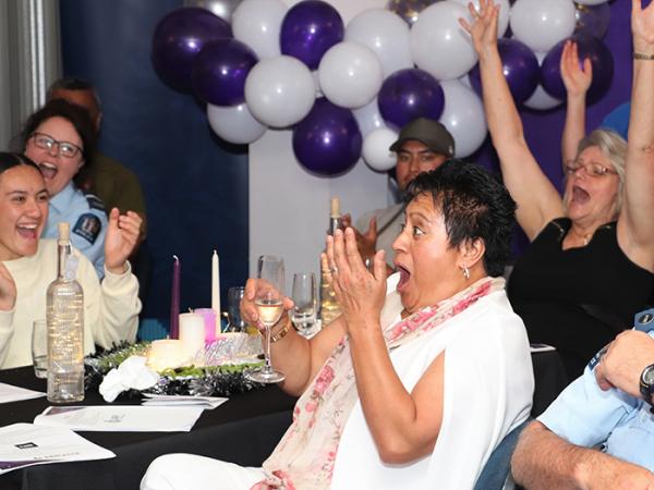 The moment Northland Youth Worker Karen Poutai-Struginski realises she's won the Audrey Fagan Memorial Award.