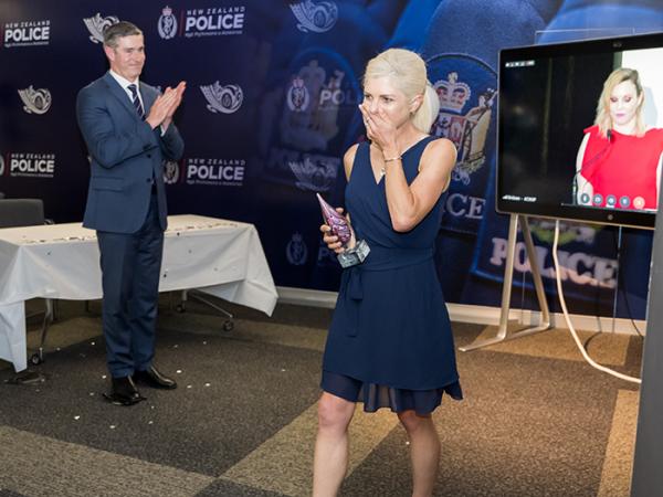 Superintendent Mel Aitken received her award for Most Outstanding Female Leader from Police Commissioner Andrew Coster.