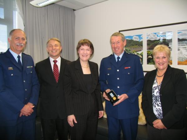 L-R: Insp Roly Williams; Defence Minister Phil Goff; Prime Minister Helen Clark; Insp Greg Gilpin and Police Minister 