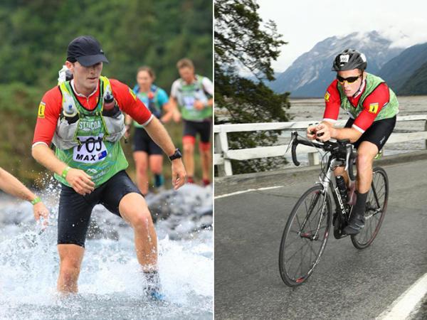 Photos of Max during two of the run and cycle stages of the Coast to Coast race.