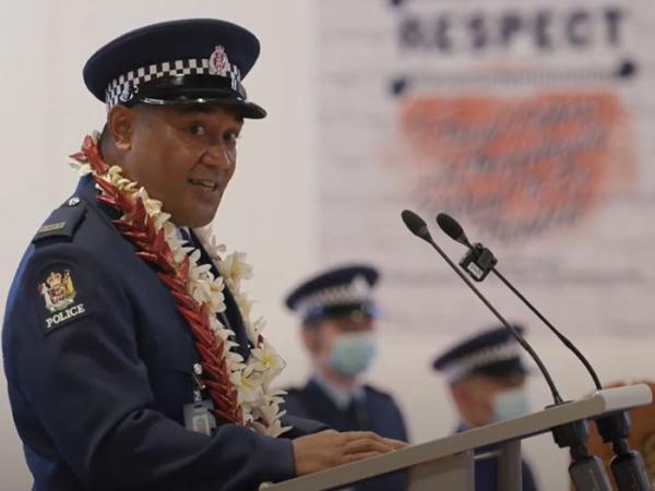 Constable Petaia Unoi, Leadership Award recipient, speaks to the families watching the livestream.