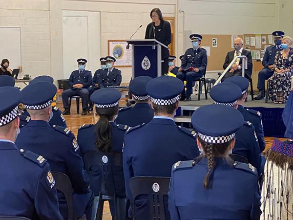Police Minister the Hon Poto Williams speaking to the wing.