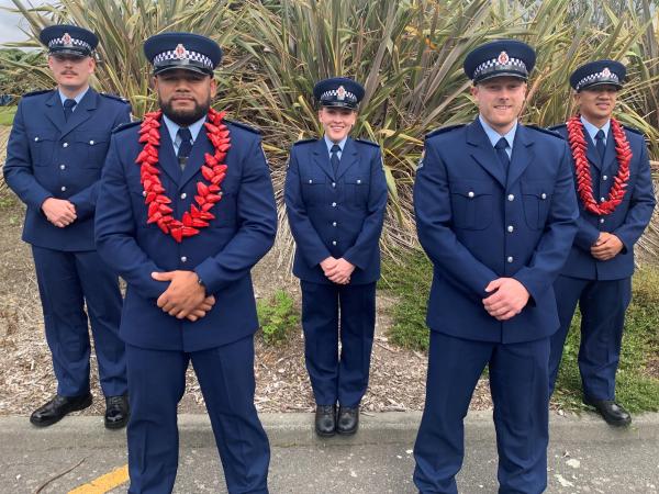 From left: Constables Davis Catchpole, Barrie Pine, Brittany Chamberlain, Christopher Rees-Gibbs and Mayson Leifi.