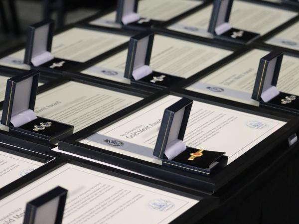 Some of the awards and certificates laid out on a table.