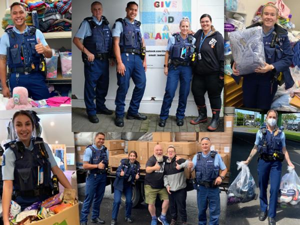 Composite image of photos of New Zealand Police officers from Family Harm Intervention teams helping distribute the goods.