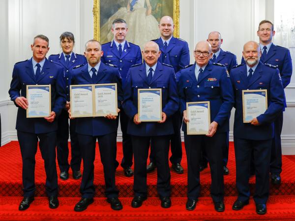Police recipients at the NZSAR Awards with Commissioner of Police Andrew Coster and Deputy Commissioner Tania Kura.