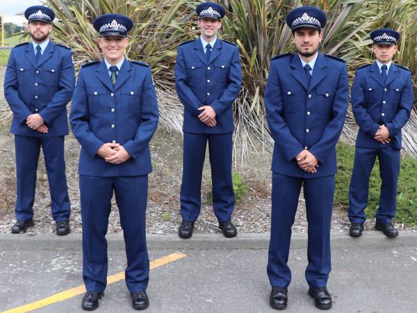 From left: Constables Davis Catchpole, Barrie Pine, Brittany Chamberlain, Christopher Rees-Gibbs and Mayson Leifi.