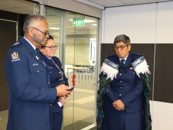 Blessing the new inspector rank epaulettes with Senior Sergeant John (J.T.) Tangaere and Inspector Erin Hurley 