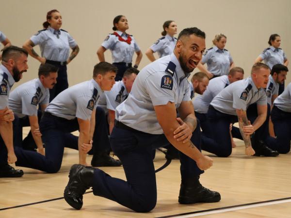 The haka with Constable Roman Rodahl at front.